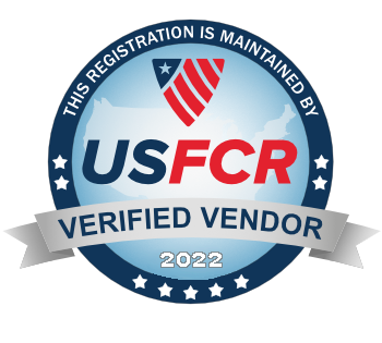 USFCR Verified Vendor badge for 2022, featuring a blue circular design with a map outline, stars, and a shield graphic.