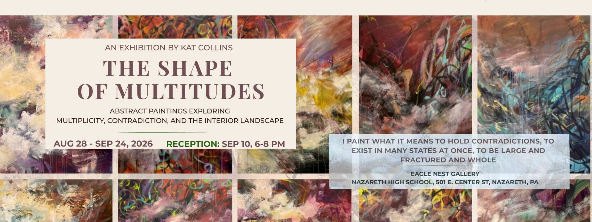 An exhibit banner for "The Shape of Multitudes" displays an array of abstract art in varying colors and styles.