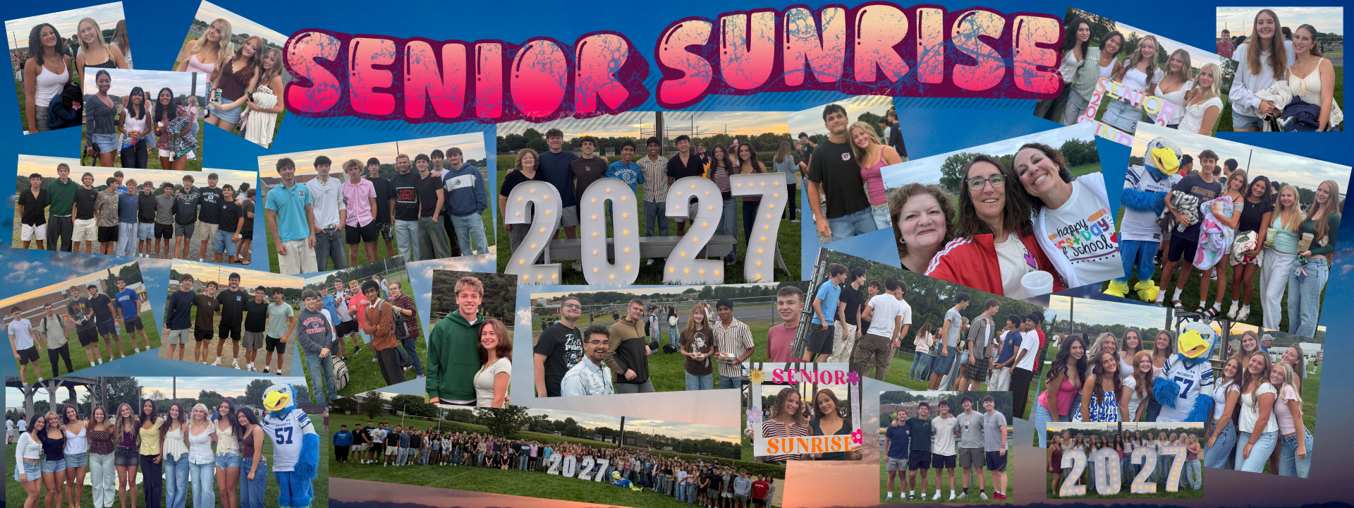 Collage of photos with text "SENIOR SUNRISE 2027". Group of people in various settings, one in a sunset background.