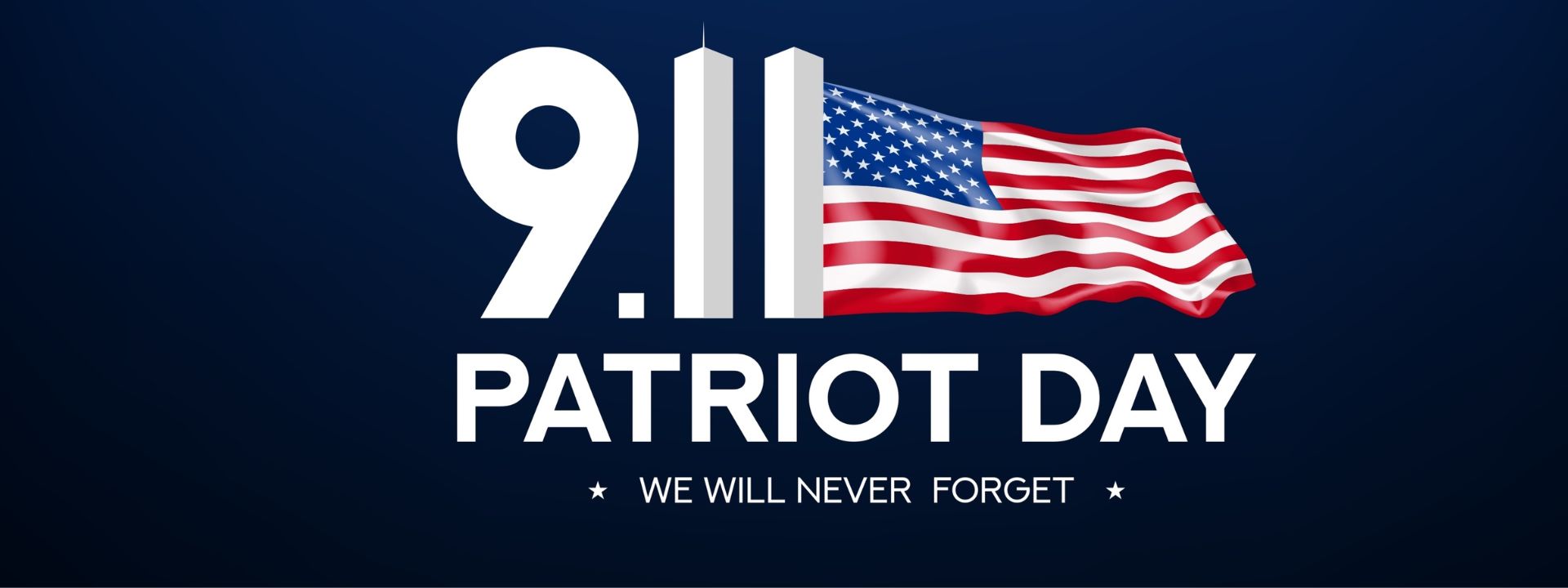 A blue background displays a logo for Patriot Day. It includes the number "9.11" and a waving American flag.