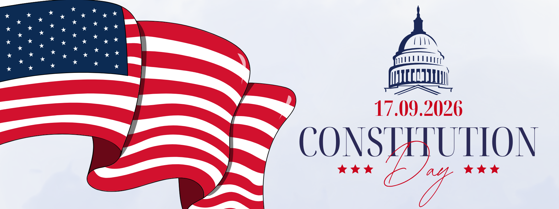 Waving American flags beside Capitol Building and text "Constitution Day" with date "17.09.2026" in red.