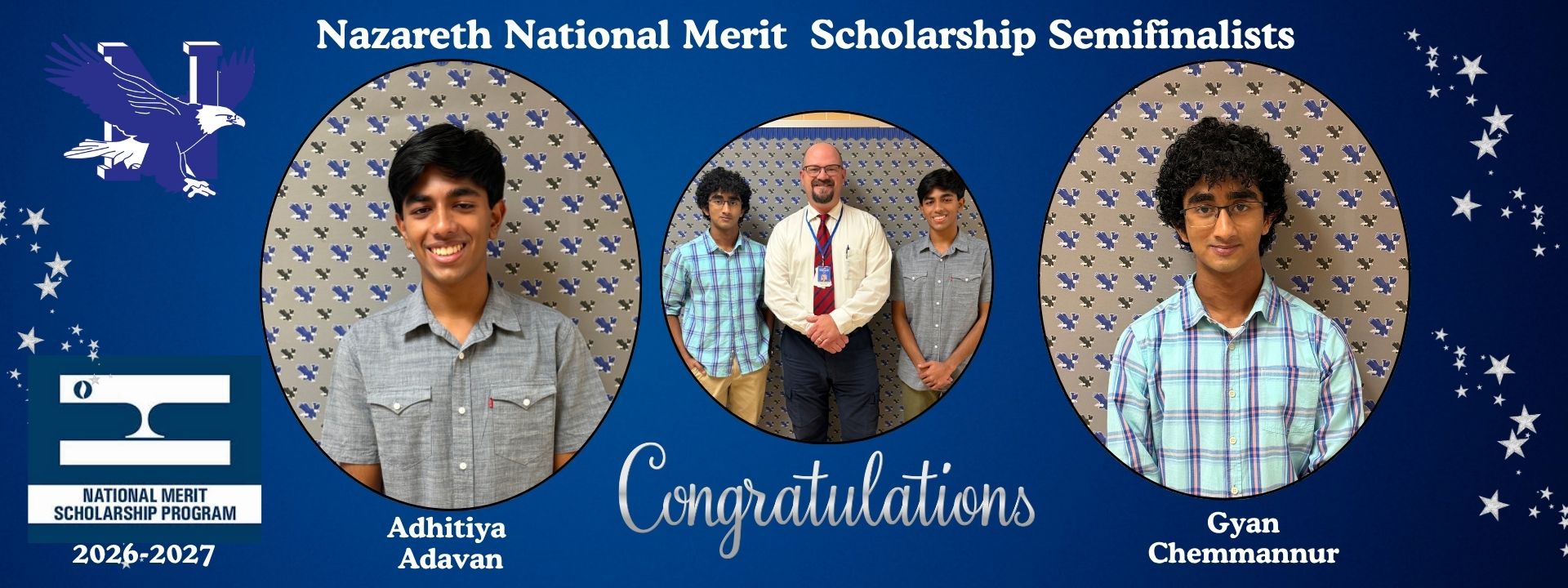 Three young men in circles on a blue background. Text reads "Congratulations" and "Nazareth National Merit Scholarship Semifinalists".