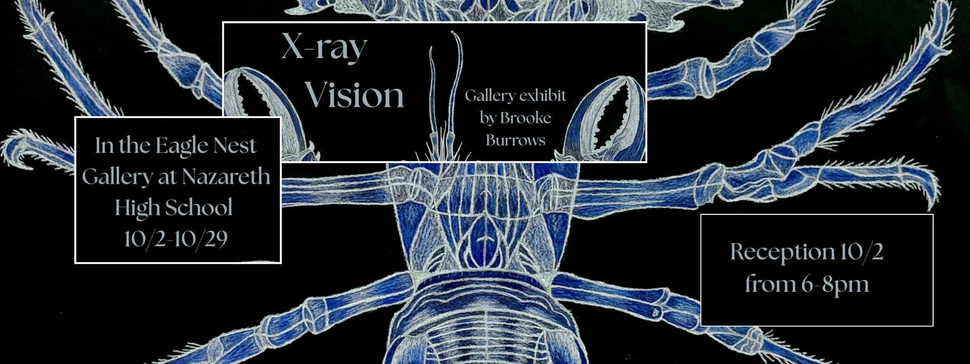 Blue-lit image of a spider-like structure, text on black background: "X-ray Vision" "In the Eagle Nest Gallery at Nazareth High School 10/28/2023" "Reception 10/2 from 6pm"