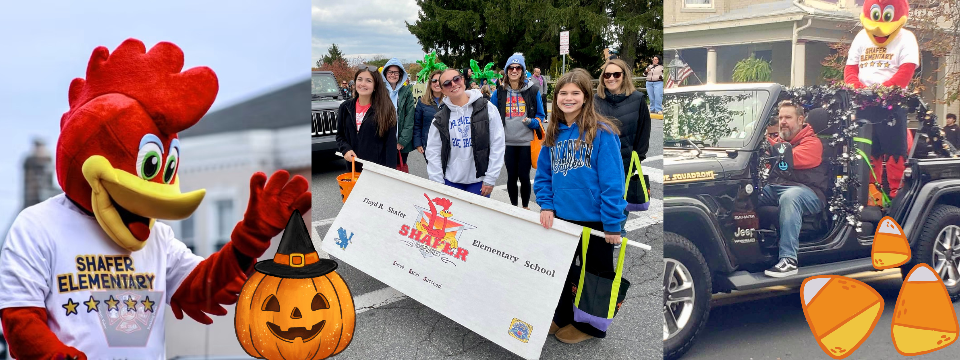 Collage of three images: a mascot, a pumpkin, people in a parade, a Jeep with corn-shaped decorations.