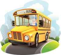 A cartoon-style yellow school bus driving on a winding road with a smiling driver inside.
