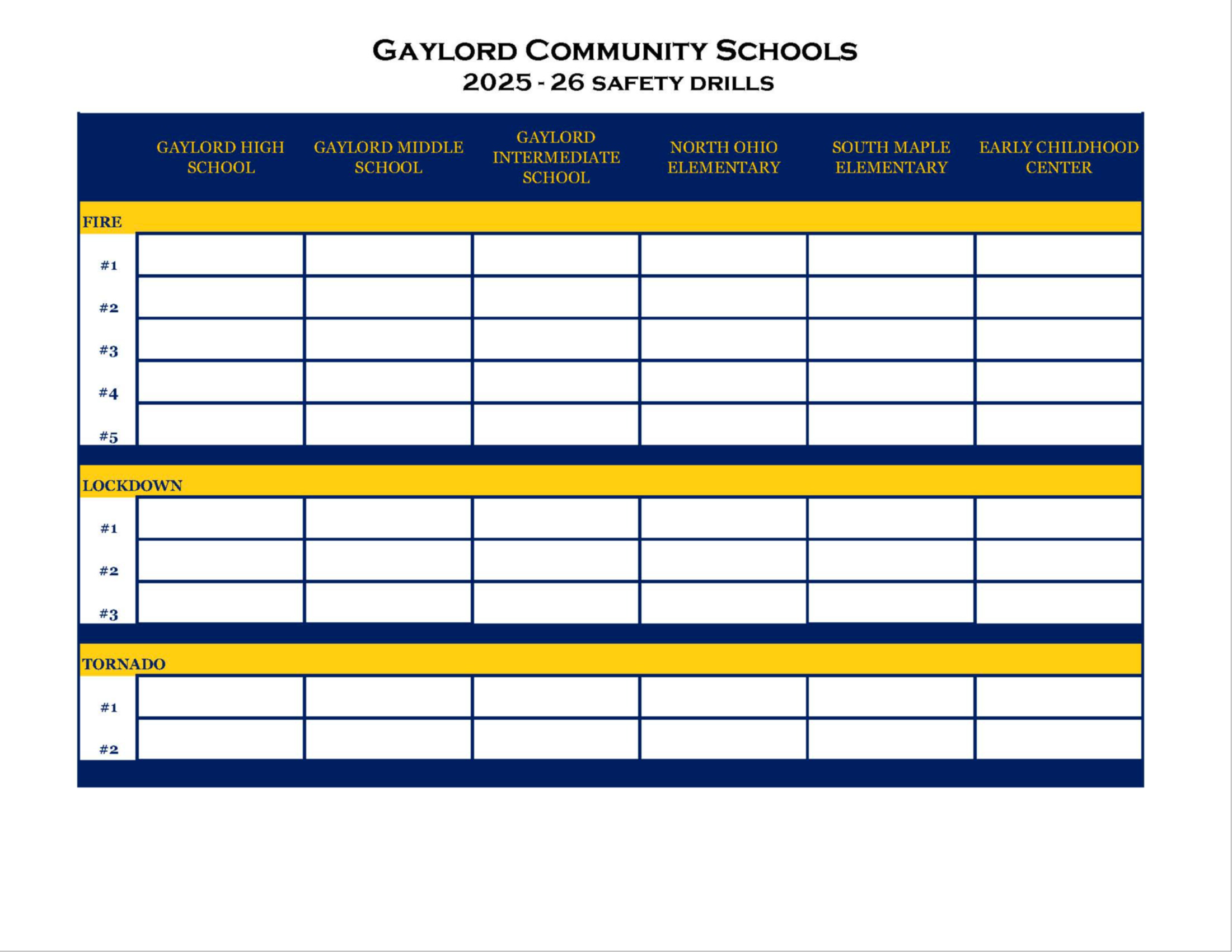 Safety Drills - A Chart that lists all schools and drill dates, gold and blue in color