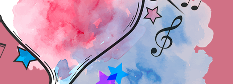watercolor with shapes like stars and music notes