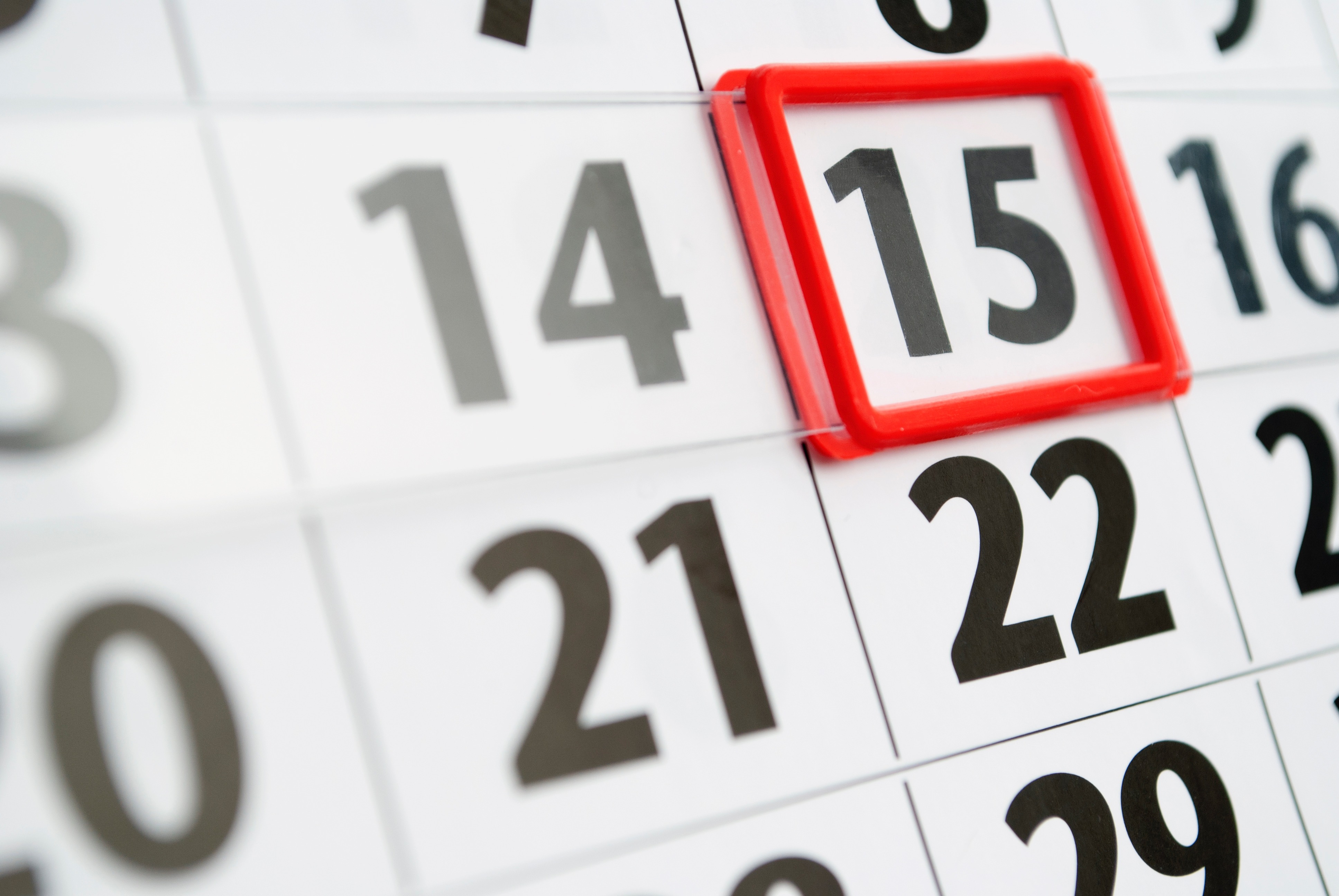 calendar with the number 15 outlined in red