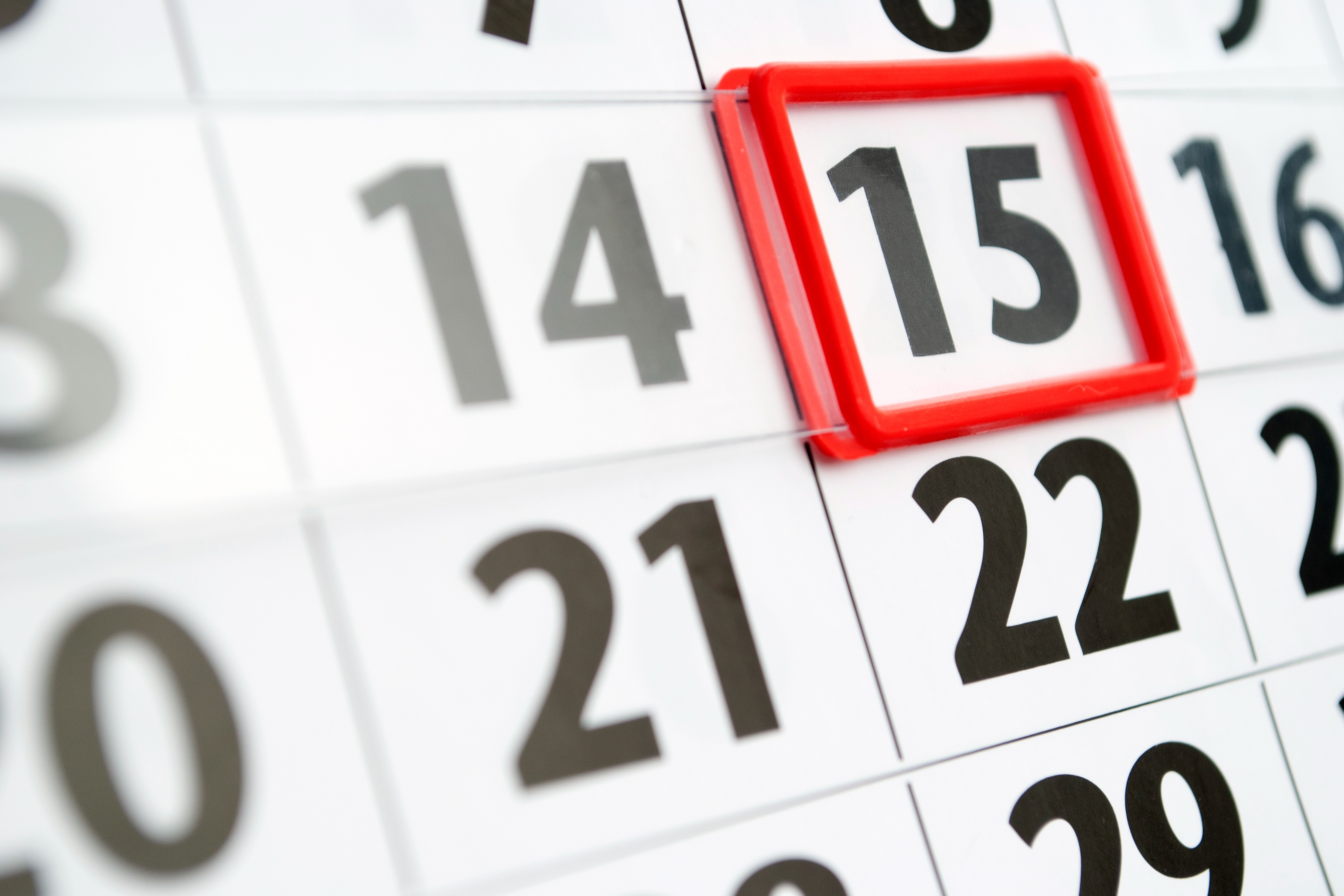 calendar with the number 15 outlined in red
