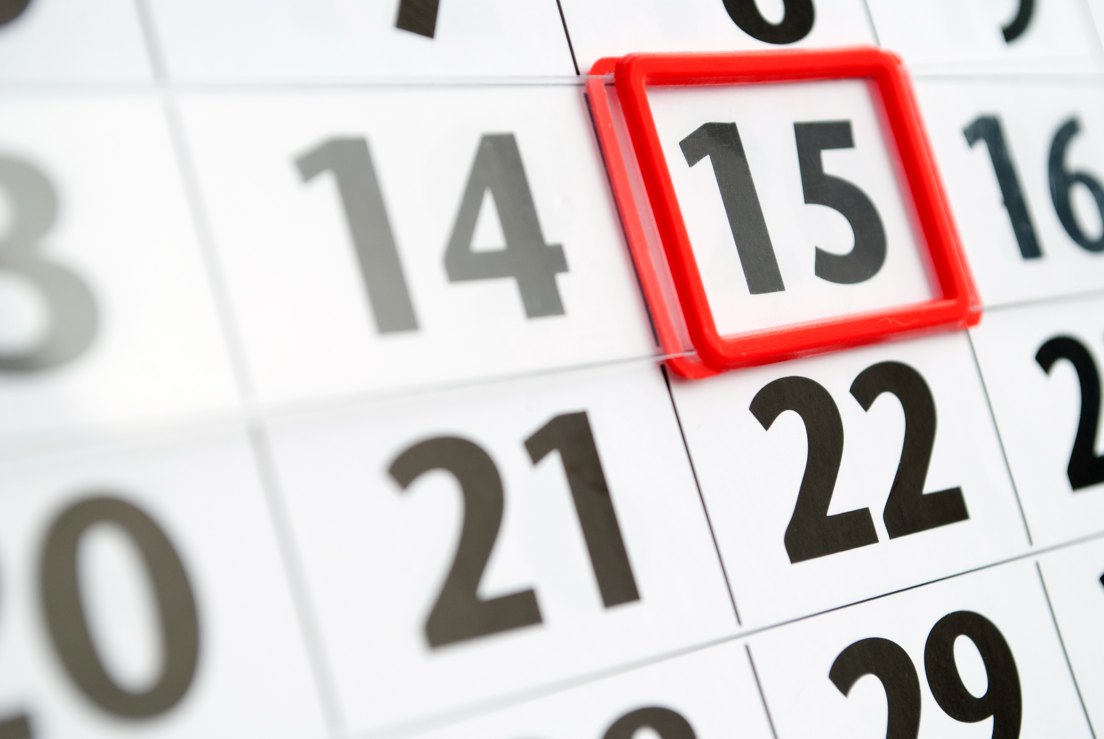 calendar with the number 15 outlined in red