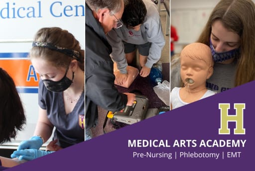 A collage showcasing students engaged in various medical training activities, including practicing phlebotomy, CPR, and working with a medical mannequin, with the text 'Medical Arts Academy' prominently displayed.