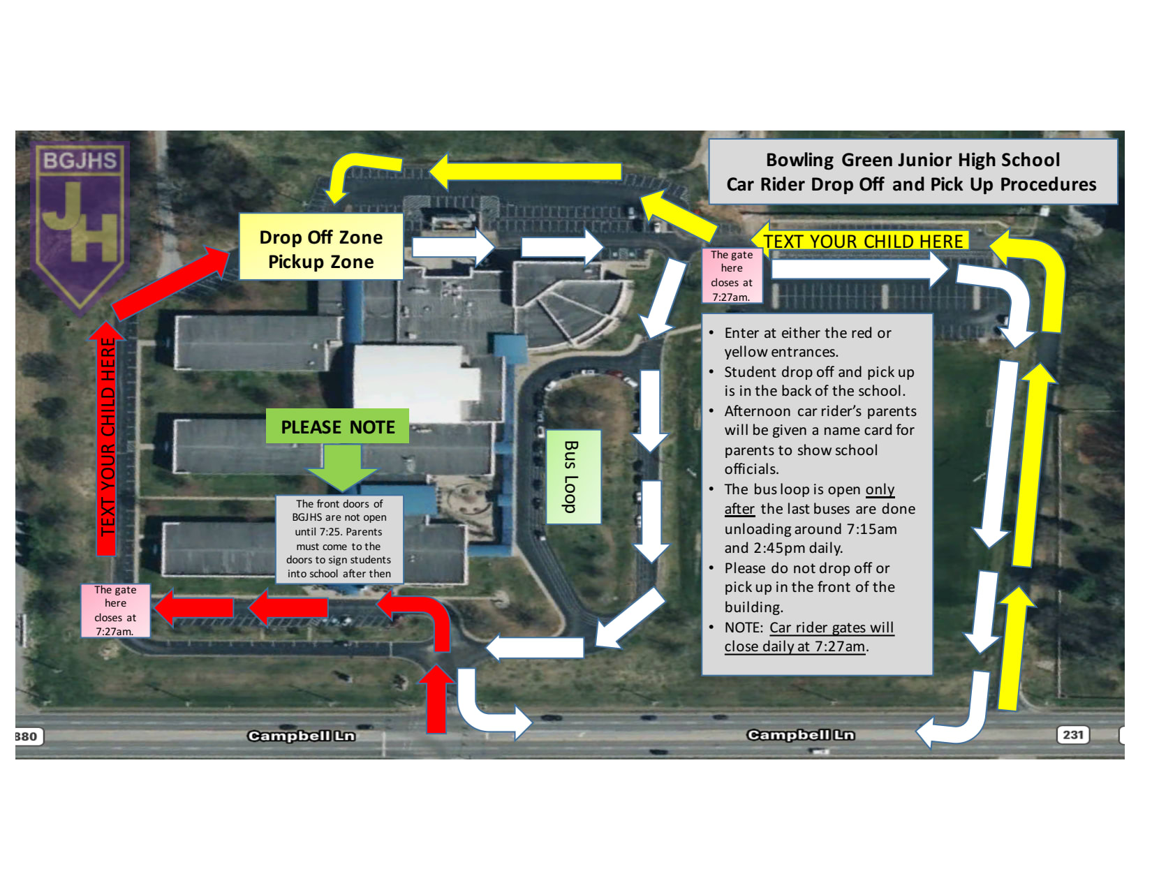 A map outlining the car rider drop-off and pick-up procedures at Bowling Green Junior High School, featuring designated zones and traffic flow directions.