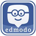 A blue and white logo featuring a smiling character with glasses inside a speech bubble, accompanied by the text 'edmodo' at the bottom.