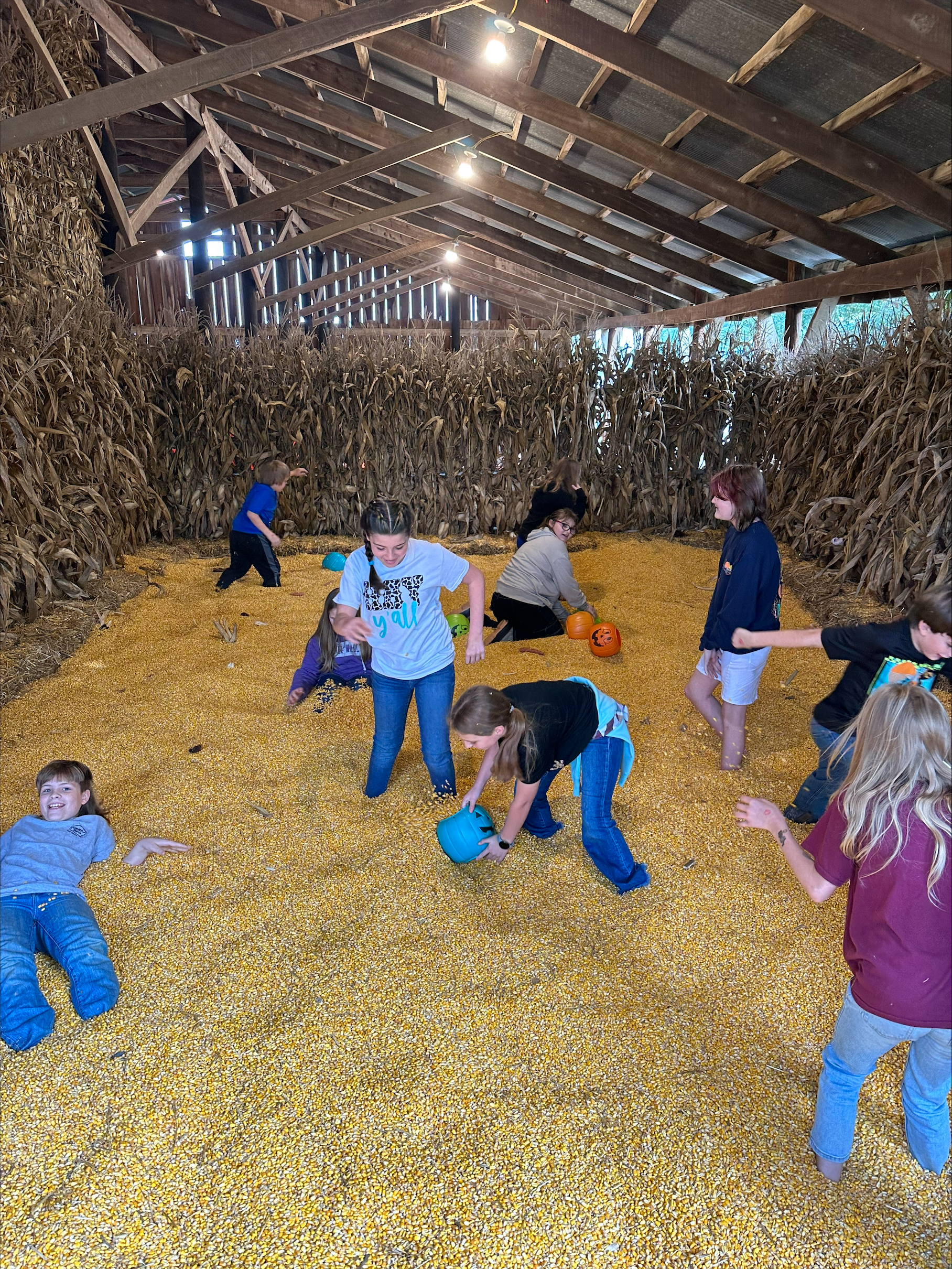 Children playing and relaxing in a corn pit, surrounded by tall corn stalks, showcasing a fun autumn activity.