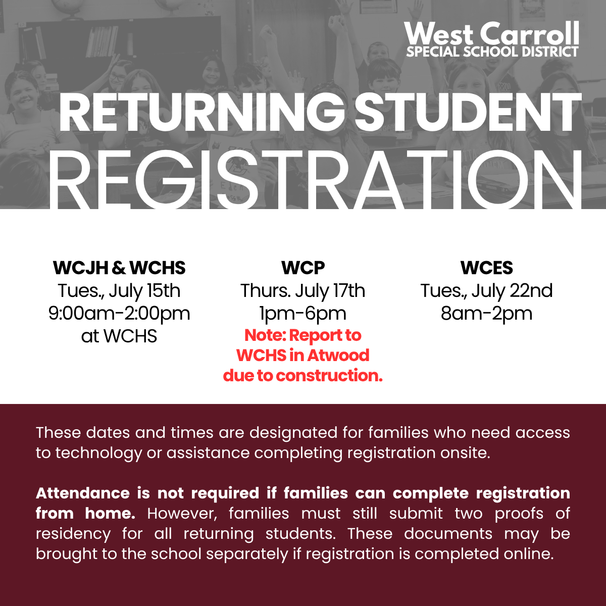 If you are unable to register online and need assistance visit our schools at one of the available dates listed.
