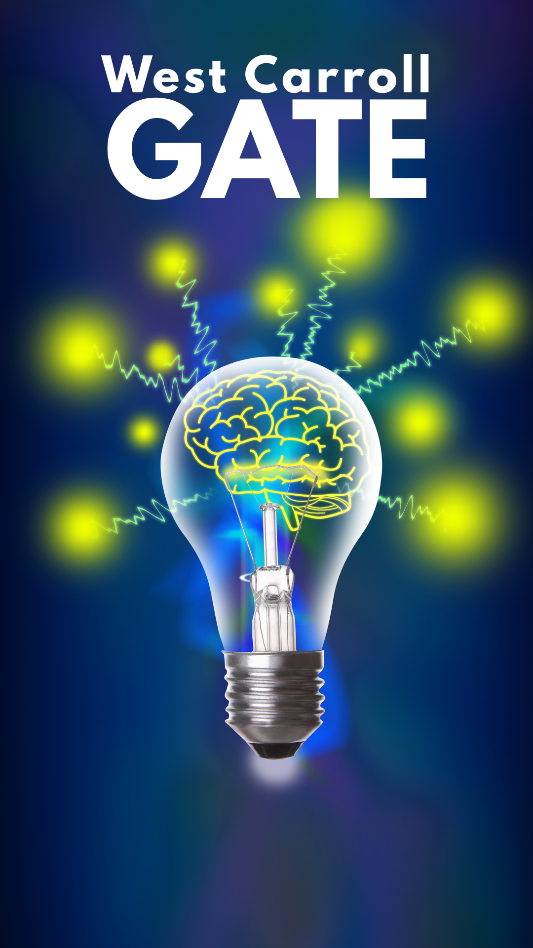 West Carroll GATE with neon lightbulb with brain