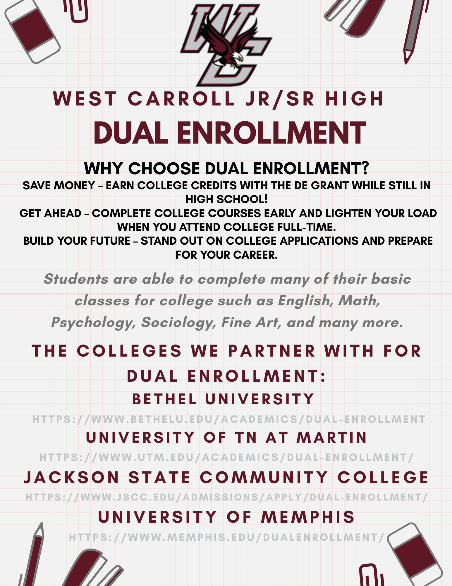 wc high school dual enrollment page, includes links to dual enrollment partners