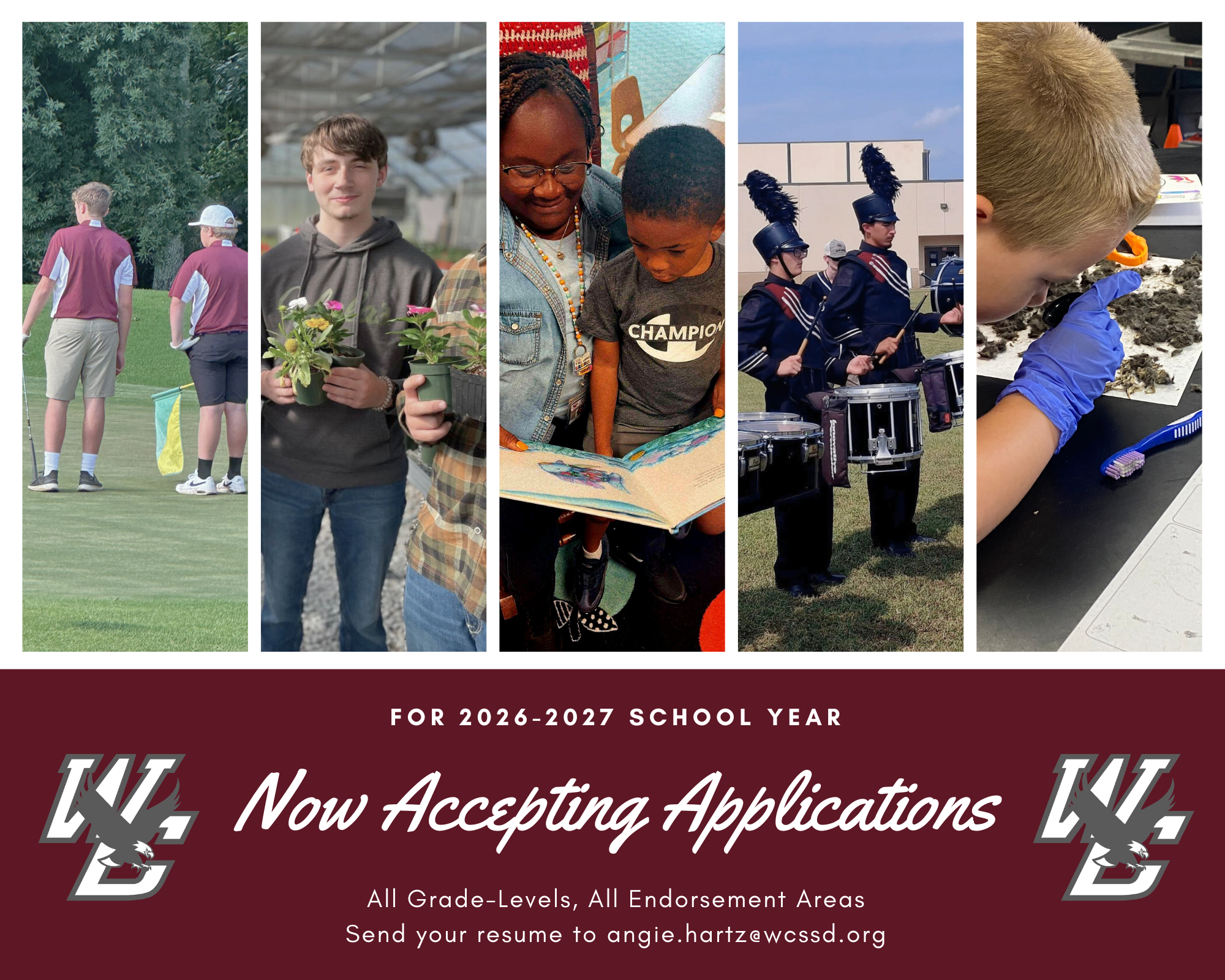 graphic advertising for new applicants with five images of student activities first gold, then green house, then reading, then band, then science