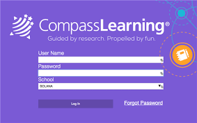 A login screen for Compass Learning featuring fields for username, password, and school selection, set against a purple background with the Compass Learning logo.