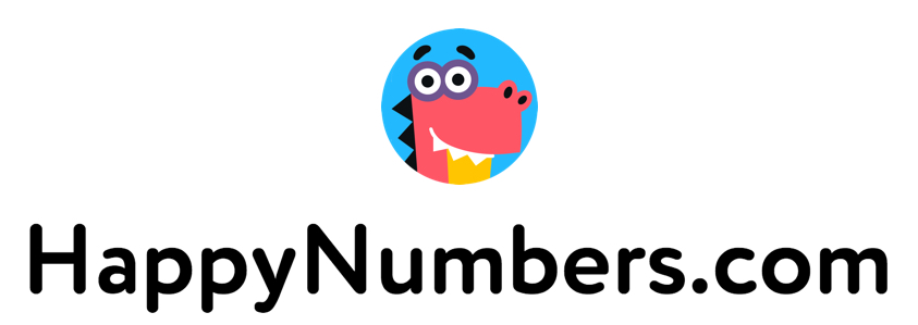 A colorful logo featuring a cartoon dinosaur with a friendly expression, accompanied by the text 'HappyNumbers.com' in bold letters.