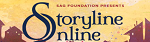 A promotional banner for Storyline Online, featuring stylized text and a colorful background with silhouettes of houses.