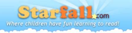 A colorful logo for Starfall.com, featuring the text 'Starfall.com' in orange and yellow with a star icon, and the tagline 'Where children have fun learning to read!' against a light blue background with clouds.