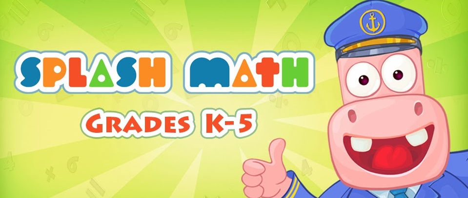 A colorful promotional image for 'Splash Math' featuring a cartoon hippo character in a blue uniform giving a thumbs up, with the text 'SPLASH MATH' and 'Grades K-5' on a bright green background.