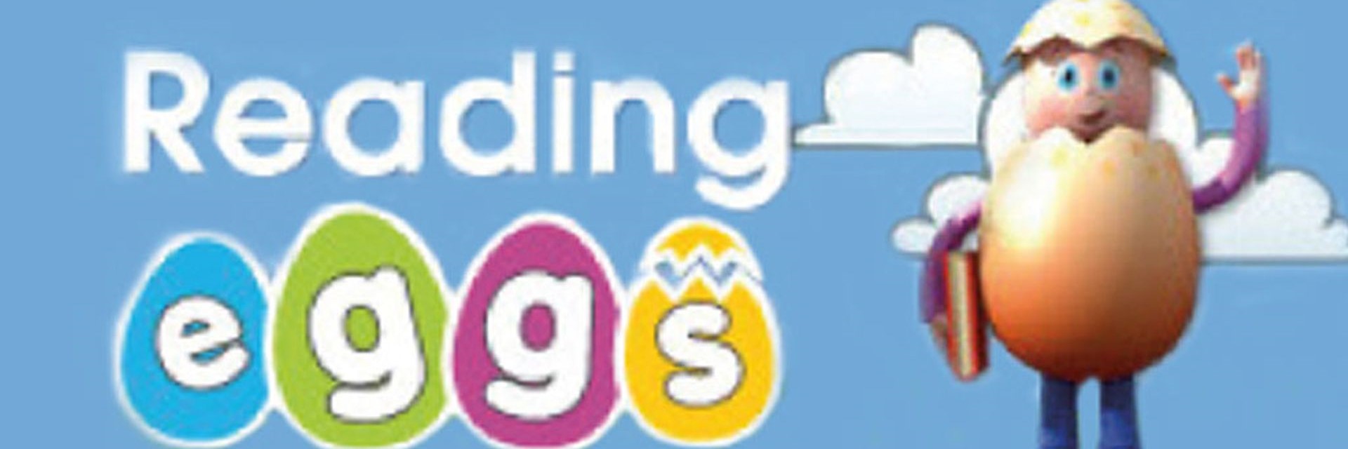A colorful logo for 'Reading Eggs' featuring a cartoon character resembling an egg with arms and a hat, standing against a blue sky with clouds.