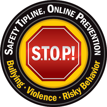 A circular logo featuring a red octagonal stop sign with the text 'S.T.O.P!' in white letters, surrounded by a yellow border and the phrases 'Safety Tipline, Online Prevention' and 'Bullying, Violence, Risky Behavior' in black.