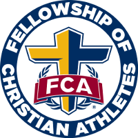 A logo featuring a blue circle with the text 'Fellowship of Christian Athletes' around a central yellow cross and the letters 'FCA' in red on a banner.