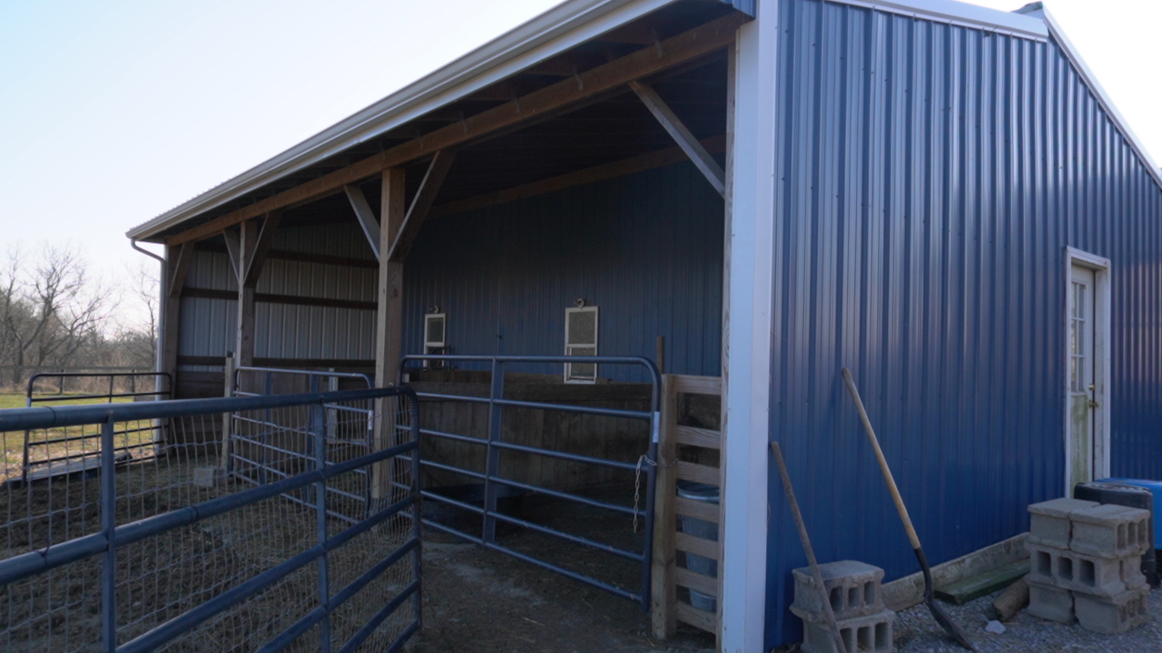 A blue metal barn with a fenced area in front, featuring a wooden gate and concrete blocks on the ground.