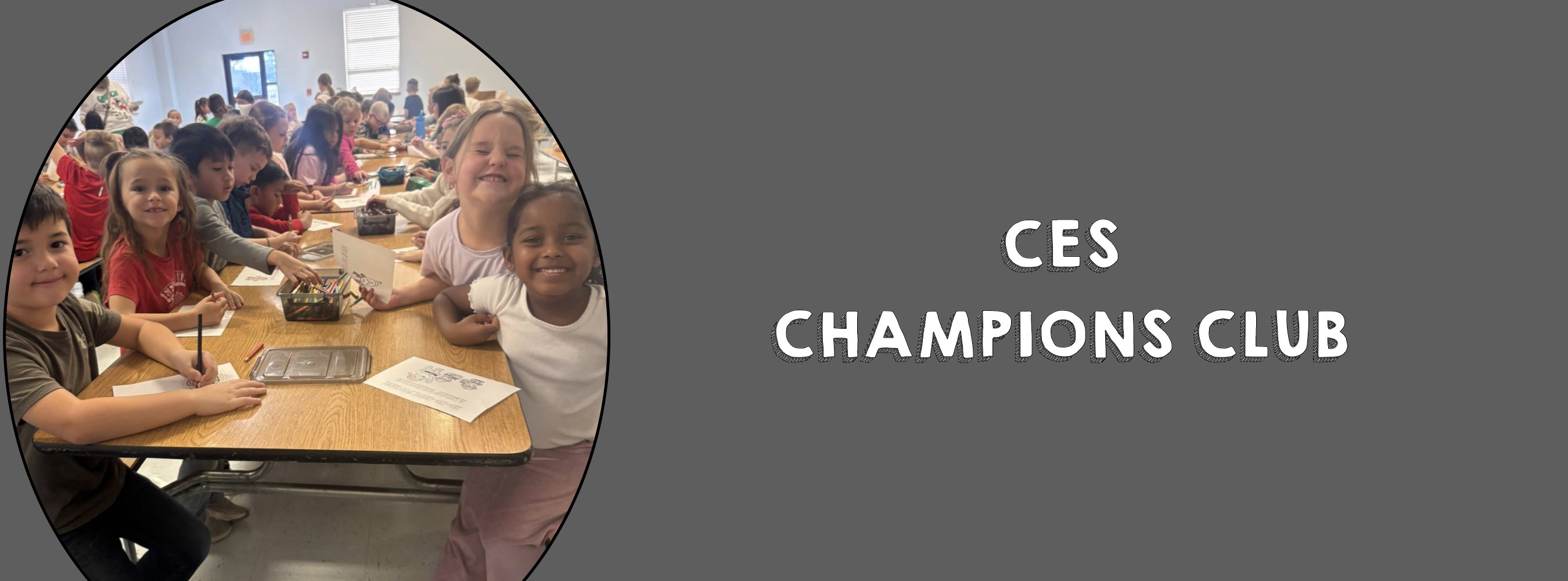 Children seated at a cafeteria table, smiling and engaging with activities, captured in a round-edged image beside the text "CES Champions Club."