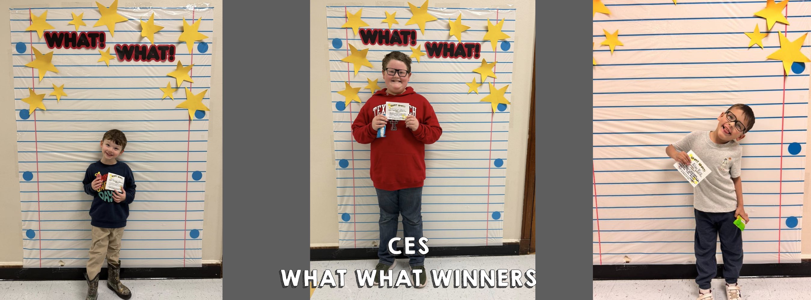 Three children stand against a backdrop of lined paper with star cutouts, each holding a certificate. The words "WHAT WHAT!" are displayed above them.