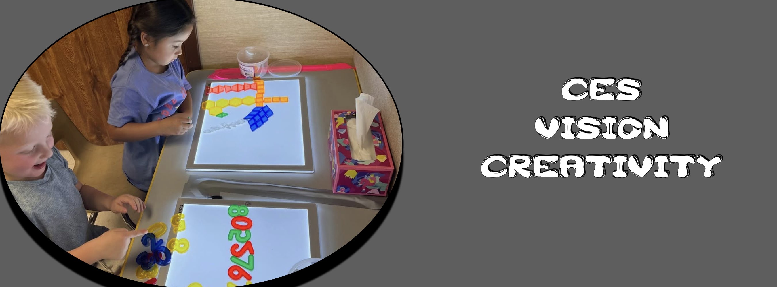 Two children create colorful designs on an illuminated drawing tablet; “CES VISION CREATIVITY” text conveys playful, imaginative learning.