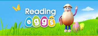 A colorful illustration featuring a cartoon character resembling an egg with arms and legs, holding a book, set against a bright blue sky and green grass, with the text 'Reading Eggs' and decorative eggs in various colors.