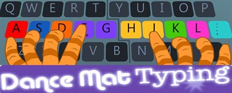 An illustration of a keyboard with colorful keys and cartoonish hands positioned over the home row, accompanied by the text 'Dance Mat Typing' at the bottom.