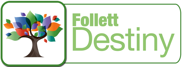 A stylized tree with colorful leaves beside the text 'Follett Destiny' in green font, set against a white background.