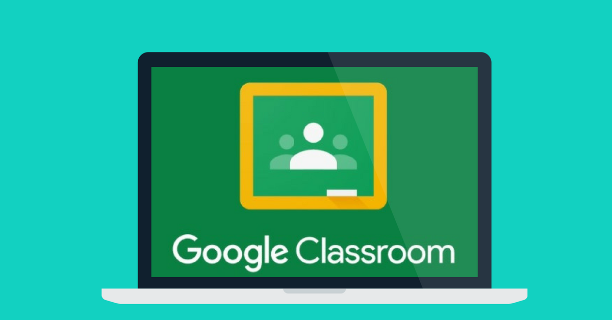 An illustration of a laptop displaying the Google Classroom logo, featuring a green background and a yellow frame around a group icon.