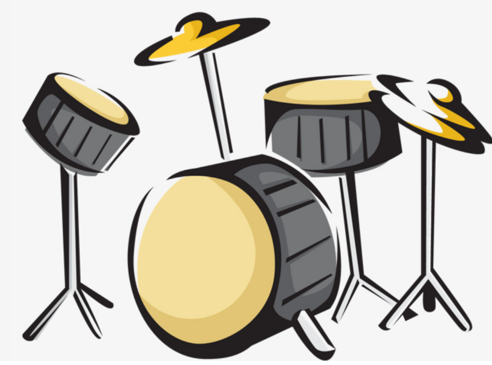 A cartoon-style illustration of a drum set featuring a bass drum, snare drum, and cymbals, all depicted in a playful design.