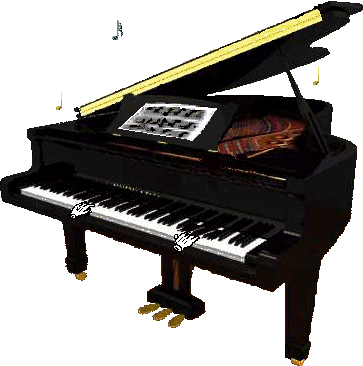 An animated grand piano with sheet music on the stand, featuring a black body and white keys, accompanied by musical notes above it.