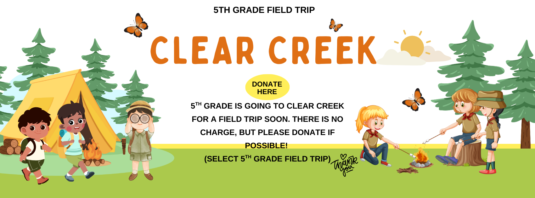 Kids with campfire and tent for 5th grade Clear Creek Field Trip