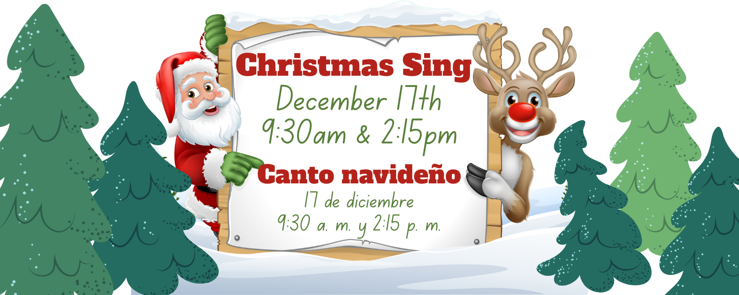 Santa and Reindeer with sign about Christmas Sing