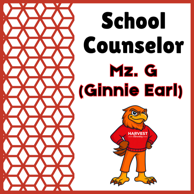 School Counselor, Mz. G (Ginnie Earl) with Hank the Hawk Harvest Logo
