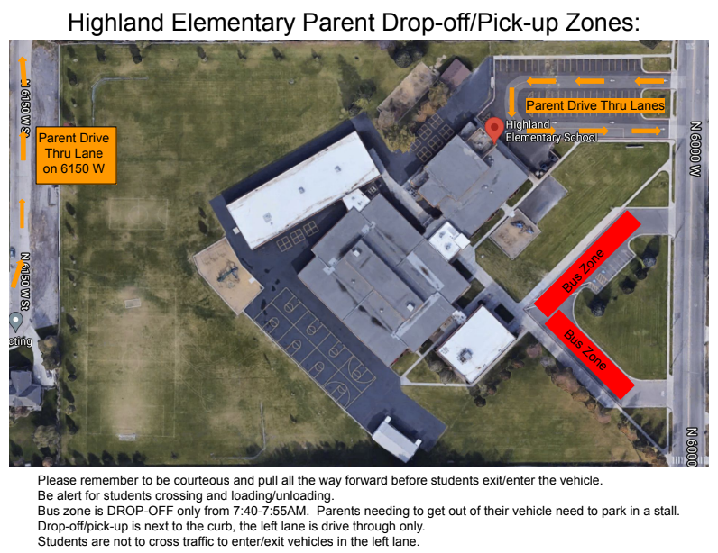 Ariel view of school with designated areas