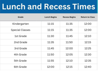 Grid showing recess and lunch times