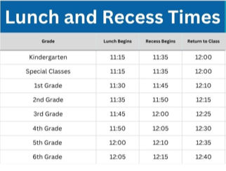Grid showing recess and lunch times
