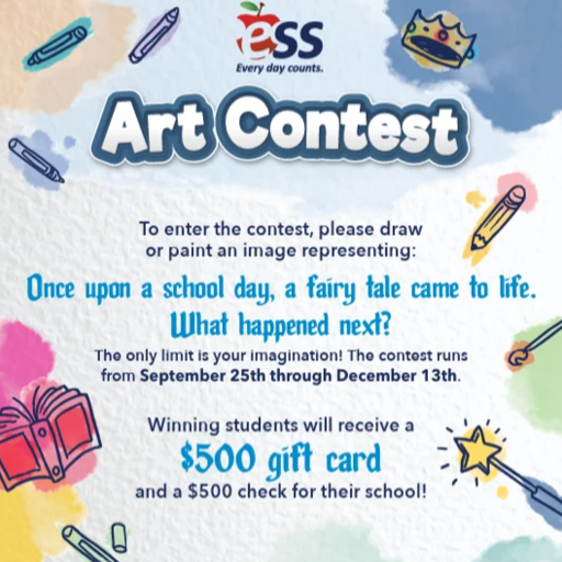crayon and crayon drawings, ESS logo, with text announcing an art contest