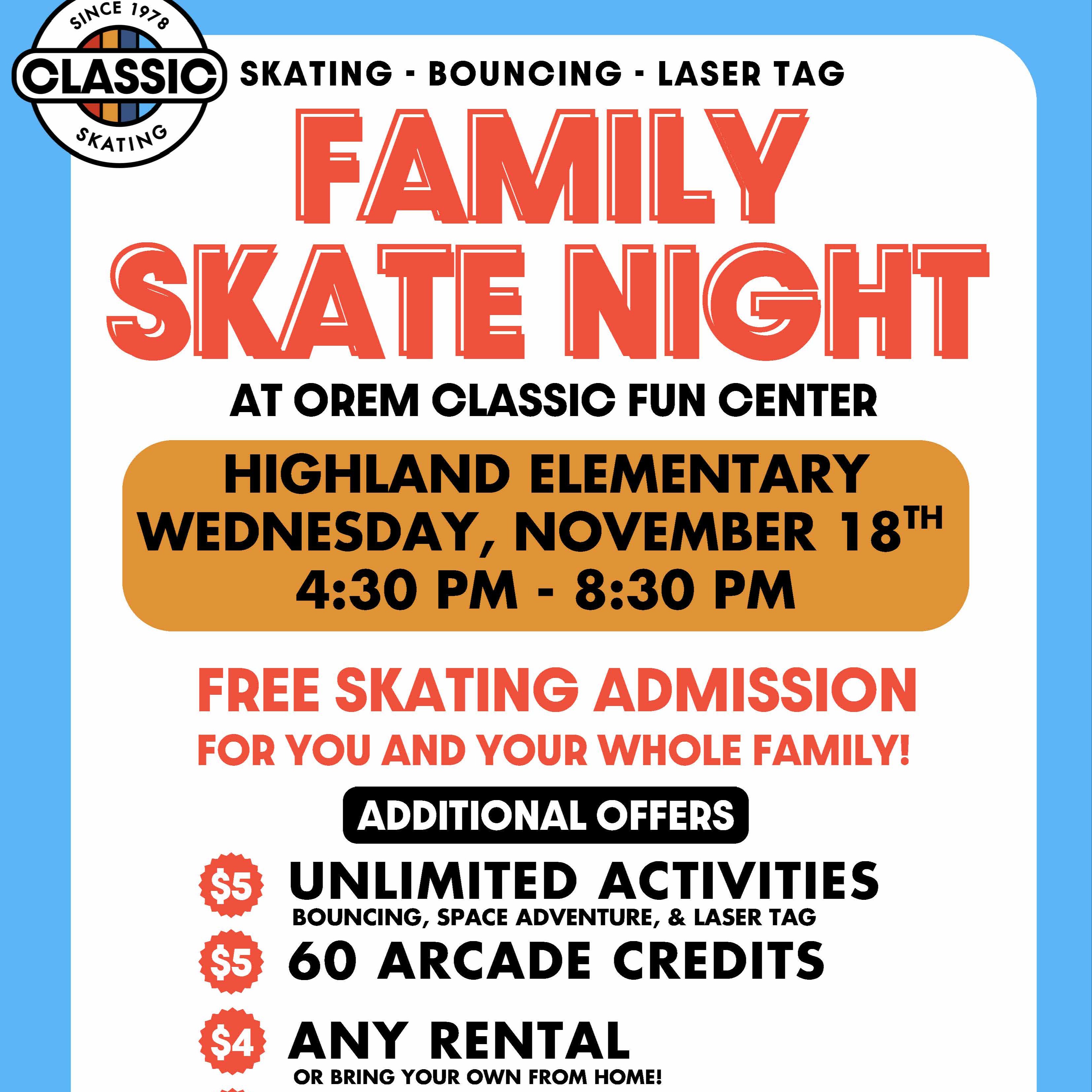 blue border, food items, classic skating logo, announcemnt for skate night