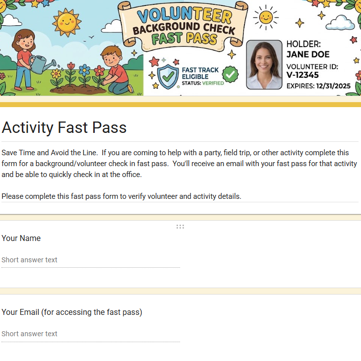 Students watering flowers, id badge, volunteer banner, activity fast pass