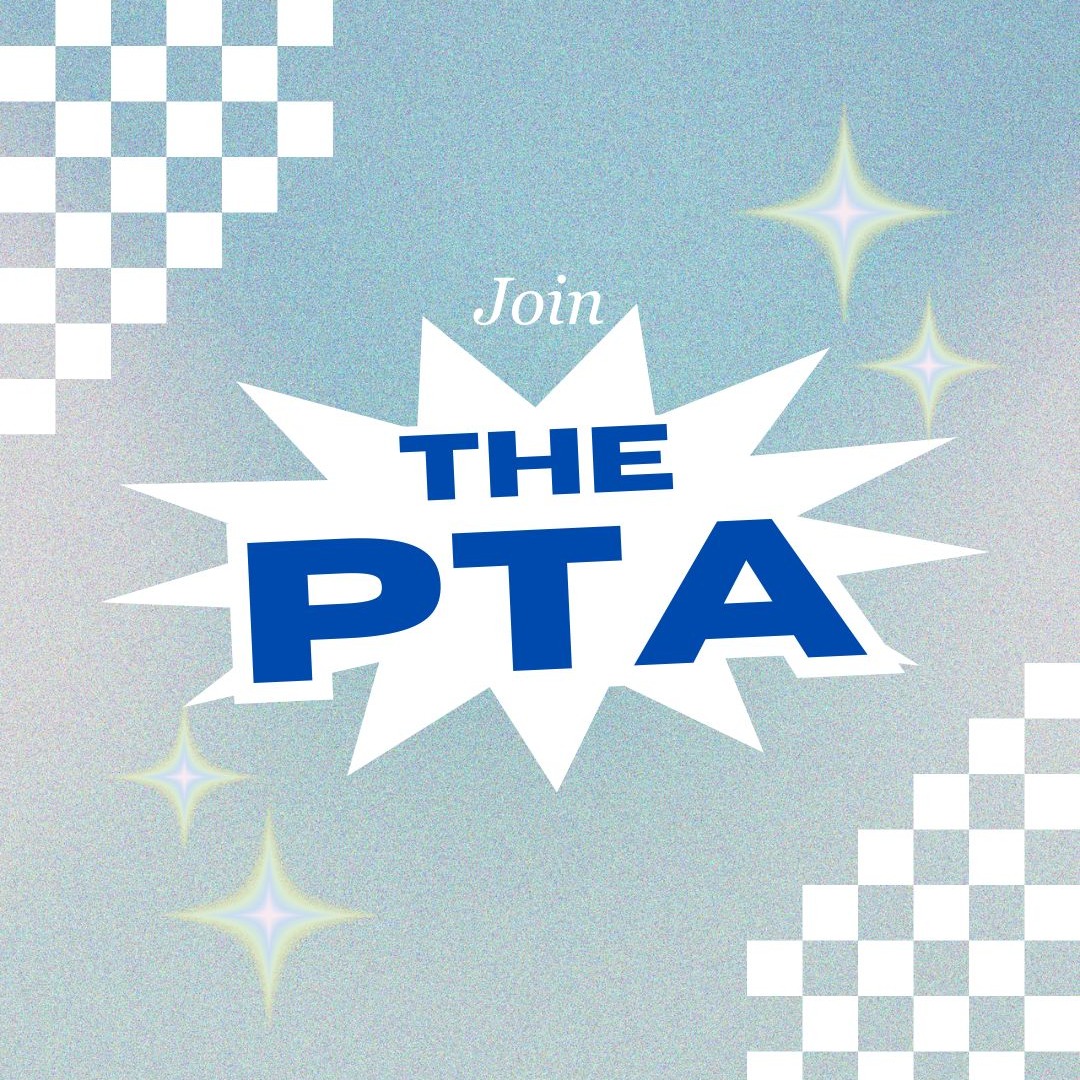 Join the PTA with stars and blue and white checkerboard behind it